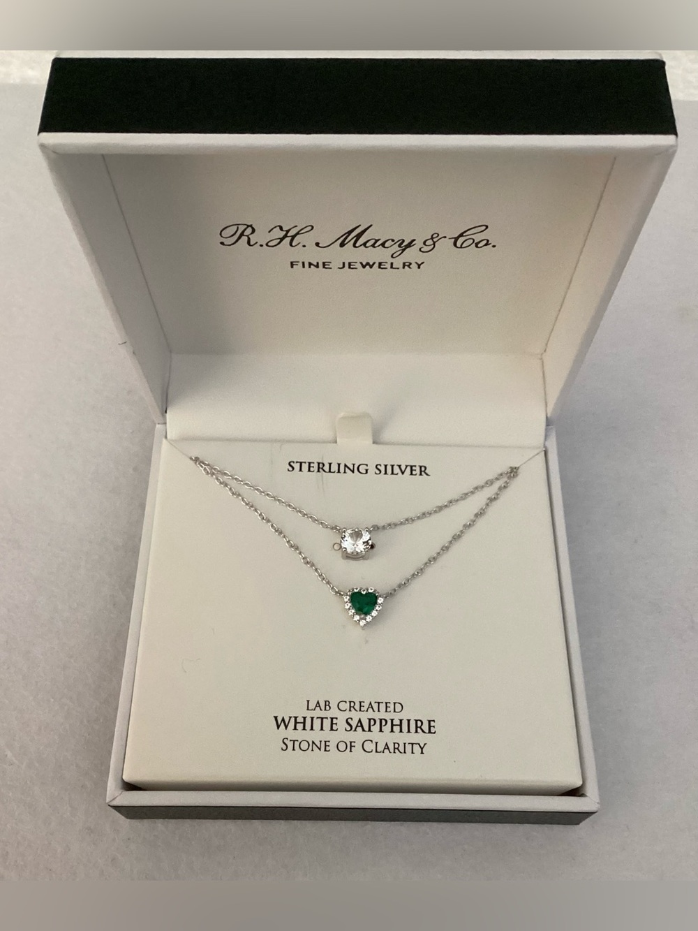 R.H. Macys Sterling Silver White Sapphire and Green Heart Necklace